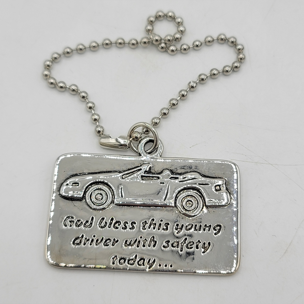 God Bless This Young Driver Pendant Rearview Mirror Tag Silver Tone Chain NWOT